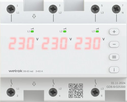 Реле напряжения трехфазное цифровое на DIN-рейку WELROK D6-63 red 63А 50-400В картинка